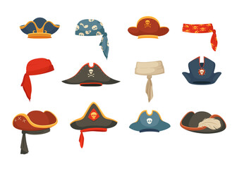 Corsair headgear, pirate hats, buccaneer bandana costume isolated set isolated on white background