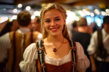 Fototapeta na wymiar Portrait of a smiling young woman in a traditional Bavarian costume. Celebrating Oktoberfest. AI generative