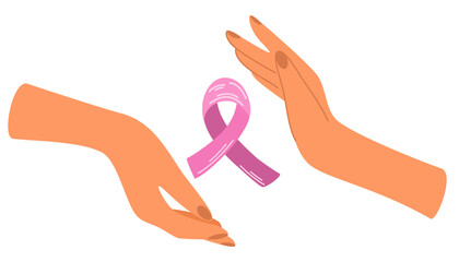 Hands Hold Pink Breast Cancer Awareness Ribbon. Symbol to support and fight for health cancer, vector flat illustration