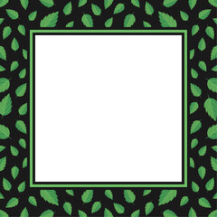 Vector square frame with copy space. Green leaves on black background.