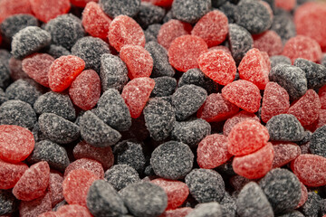 Background of chewy gelatin sweets, close-up, top view.