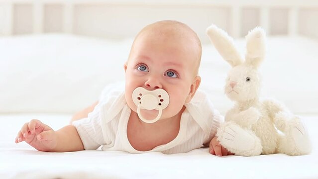 a baby sucks a pacifier on a bed in a white bodysuit in a bright bedroom, a cute baby with blue eyes lies on his stomach with a pacifier in his mouth and a plush bunny