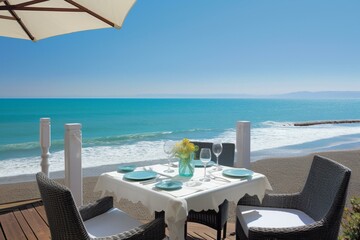 Enjoy an alfresco meal on a sunny Marbella beach, with sparkling Spanish cava, fresh pineapple, and breathtaking views of the blue sea. Generative AI