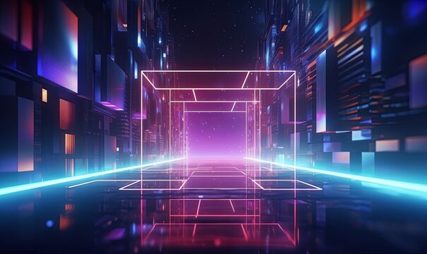 3d render, abstract red blue neon background. Glowing linear volumetric cube in the middle of the city street, under the starry night sky. Digital futuristic, Generative AI