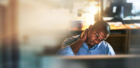 Banner, neck pain and black man in office with computer, mockup and business fatigue at night....