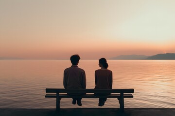 Serenity by the Sea: Two People on Wooden Bench Over Calm Waters