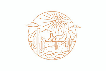 West America Desert Arizona California with Sun and Cactus Abstract Circle Badge Logo Illustration 