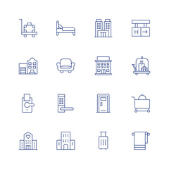Hotel line icon set on transparent background with editable stroke. Containing baggage, bed, building, couch, doorknob, handle, hotel, luggage cart, room door, room service, suitcase, towel.