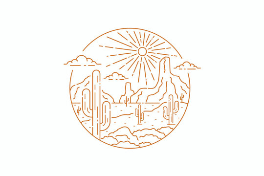West America Desert Arizona California with Sun and Cactus Abstract Circle Badge Logo Illustration 