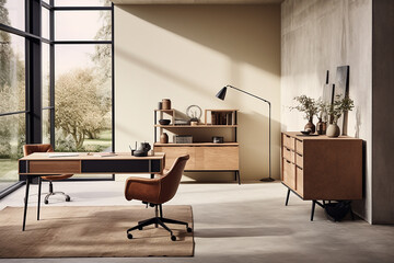 A home office featuring minimalist furniture, natural light, and a statement desk for an air of sophistication.