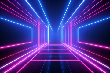 3d render, pink blue neon lines, geometric shapes, virtual space, ultraviolet light, 80's style, retro disco, fashion laser show, abstract background, Generative AI - obrazy, fototapety, plakaty