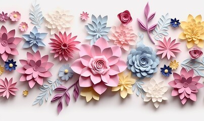 3d render, horizontal floral pattern. Abstract cut paper flowers isolated on white, botanical background. Rose, daisy, dahlia, leaves in pastel colors. Modern decorative handmade, Generative AI