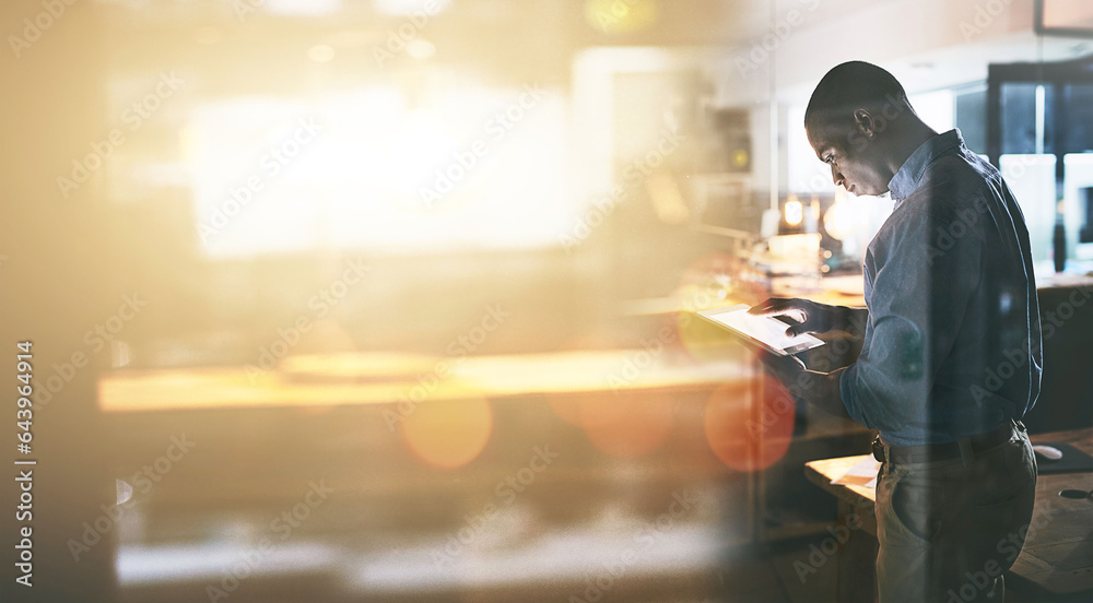 Leinwandbilder tablet, flare and double exposure with a business man in the office for research or innovation on mo