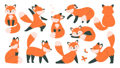 Cute fox forest animal cartoon character with various emotion and action isolated set on white