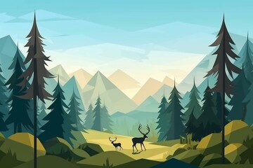 Geometric spruce forest landscape with wildlife in a green valley under a sunny blue sky. Ideal for nature travel. Generative AI