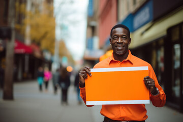 A dark-skinned man with an orange poster in his hands on a city street.