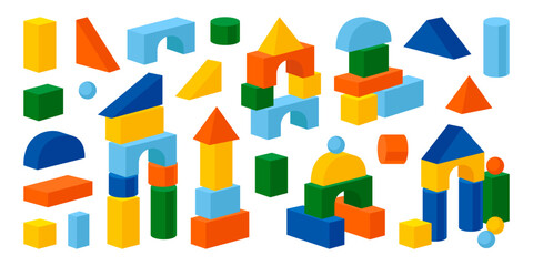Building block children game for toy castle and tower construction creation isolated set on white - obrazy, fototapety, plakaty