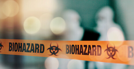 Warning, tape and danger, biohazard and health, infection and barrier with bokeh, blurred background and science. Caution, biology and threat with medical crisis, safety with protection and toxic - obrazy, fototapety, plakaty