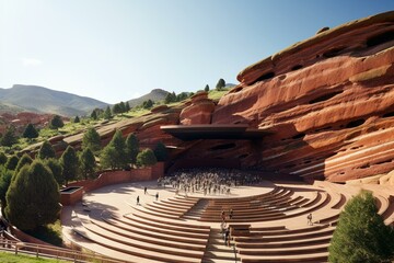 an outdoor amphitheater surrounded by red rocks. Generative AI