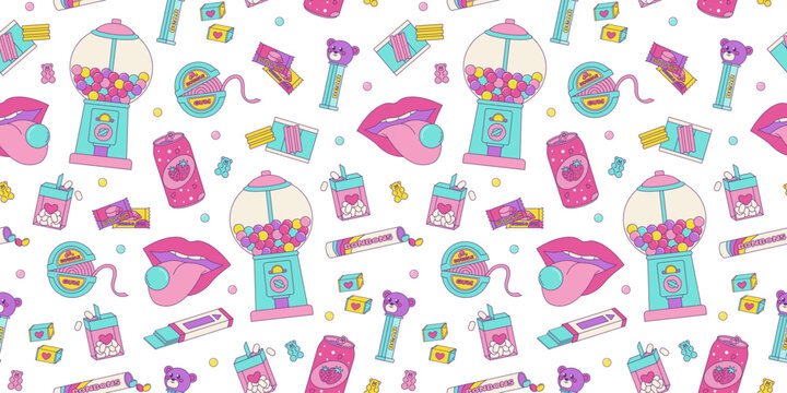 Seamless pattern of colorful sweets, bubble gum from the 80s 90s, retro style, nostalgic elements. Vector background in vintage style