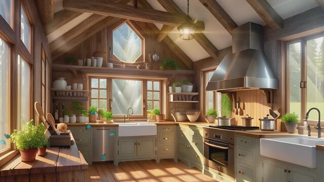 Modern kitchen interior design with wood materials and beautiful plant decorations. Cartoon or anime illustration style. seamless looping 4K time-lapse virtual video animation background.