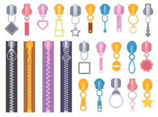 Zip fasteners, zippers, pullers and sliders of different shapes and forms isolated set white