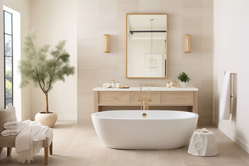 Fototapeta na wymiar A spa-like bathroom with light-colored tiles, a freestanding tub, and elegant fixtures for a luxurious touch.