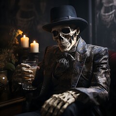 Fototapeta premium A Skeleton in a Tailored Suit, Immersed in the Mystical Atmosphere of a Timeless Bar, Sips Whiskey as It Embarks on a Journey into the Unknown