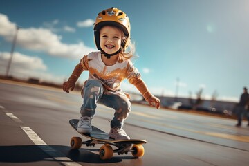 A joyful kid skateboarding, highlighting the importance of sports and physical activity in youth....
