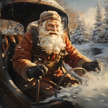 Santa Claus driving in his sleigh at the North Pole. Christmas is coming soon. Gifts from Santa Claus part 2