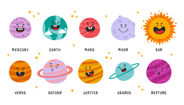 Cute kawaii planet of solar system, funny cartoon characters with friendly smiling faces set