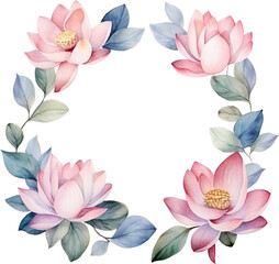 Hand drawn watercolor lotus wreath isolated. Water lily illustration