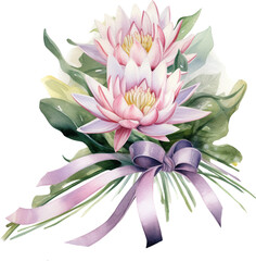 Delicate pink Lotus flowers are gathered in a bouquet. Watercolor flowers. Botanical illustration.