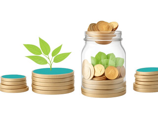 putting coins in jar on money stack step growing growth saving money. no background