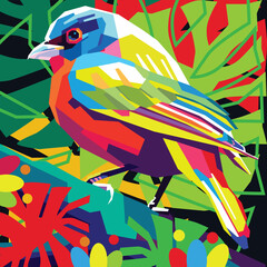 Obraz premium Colorful abstract wild birds with the beauty of the colors of their feathers, sparkling leaves background. - Vectors
