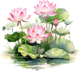 Watercolor light pink water-lilly flower in pond with branch and round leaves