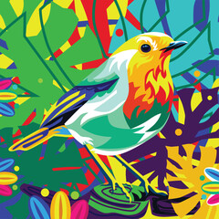Colorful abstract wild birds with the beauty of the colors of their feathers, sparkling leaves background. - Vectors