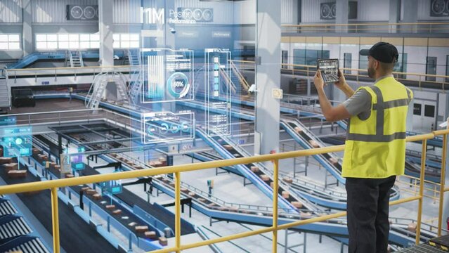 Male in a High Visibility Vest Using Tablet with Augmented Reality App. Worker Monitoring Efficiency in a Logistics Center with Automated Belt Conveyors for Sorting Retail Orders. VFX Visualization