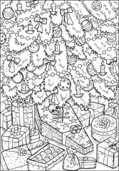 Scary shristmas and New Year vector illustration with coffin as gift under decorated conifer with toys. Greeting card background. Black and white line art for coloring page.