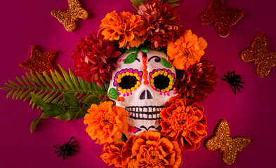Dia De Los Muertos or Day of the Dead Celebration Banner with Empty Space. Scull Decorated with Marigold flower. Mexican Traditional Festive.