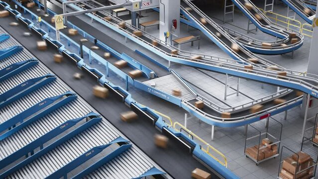Timelapse Footage in a Modern Delivery Logistics Warehouse with Working Automated Conveyor Belt with Retail Parcels, Cardboard Boxes and Online Shopping Orders Being Prepared for Shipping