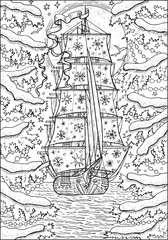 Christmas and New Year vector illustration with decorated old sailboat against sea and conifer branches with snow. Greeting card background. Black and white line art for coloring page.