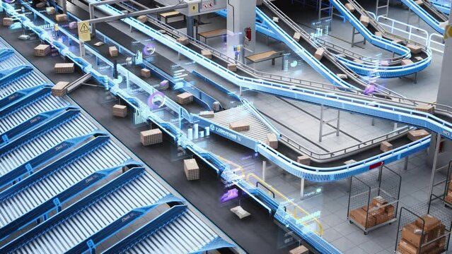 High Angle with Parcels, Boxes and Packages Moving on a Conveyor Line in a Modern Logistics Center with Autonomous Sorting Technology. Online Augmented Reality Software Animation in a Delivery Hub