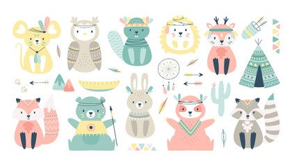 Tribal woodland animals boho characters wearing native indian clothing and accessories set