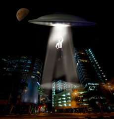 City, abduction and man with UFO, spaceship and galaxy mission with invasion, science fiction and...