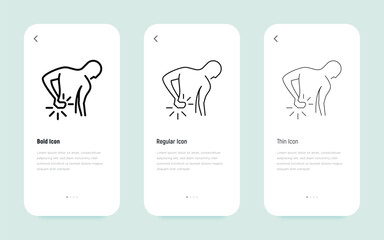 Backache thin line icon. Man touching his back. Osteoporosis, arthritis symptom. Vector illustration.