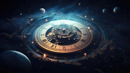 clock in space, time concept Generative AI - obrazy, fototapety, plakaty
