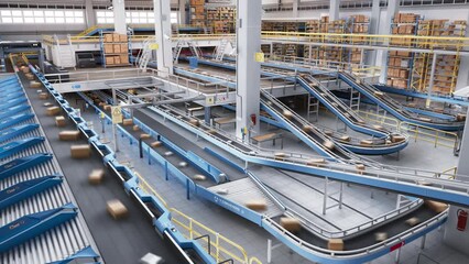 Modern Automated Logistics Warehouse with Working Conveyor Belt System with Online Shopping Orders Being Handled for Shipping to Customers. Timelapse Footage of Parcels Transported on Conveyor Line - Powered by Adobe
