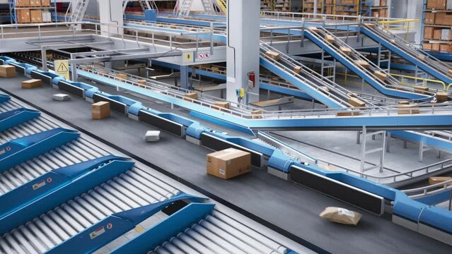 Close Up on an Automated Conveyor Belt Sorting Mechanism in a Logistics Center. Automatic Engineering Solution Handling and Preparing Parcels for Delivery to Clients. Zoom Out Footage in a Warehouse