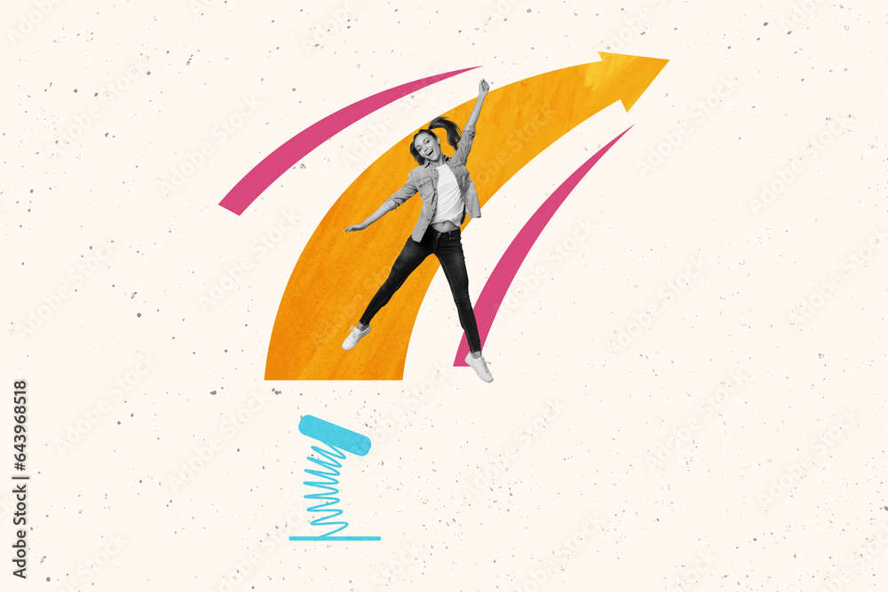 Aufkleber composite collage image of excited mini black white effect girl jumping spring trampoline big arrow 